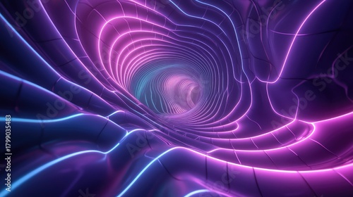Fototapeta Naklejka Na Ścianę i Meble -  Abstract wavy glowing neon light virtual tunnel