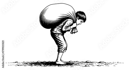 A young boy struggles to carry a large, heavy sack on his back, depicted in a black and white illustration.