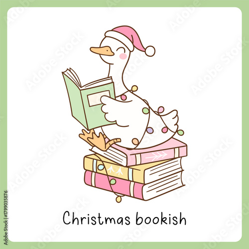 Draw vector cute silly goose reading book Merry christmas Bookish lover Doodle cartoon