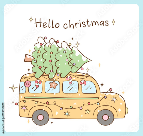 Draw vector cute school bus with christmas tree Christmas Winter season Classroom decor Doodle cartoon illustration