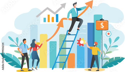 Business concept of employee climbing a ladder to achieve a growing arrow representing success and career advancement