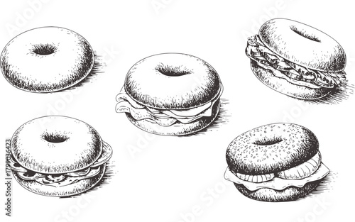 Black white sketch bagels sandwiches food