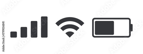 Bundle set of isolated status bar icons showing mobile signal, WiFi, and battery indicators for smartphone interface and UI design.