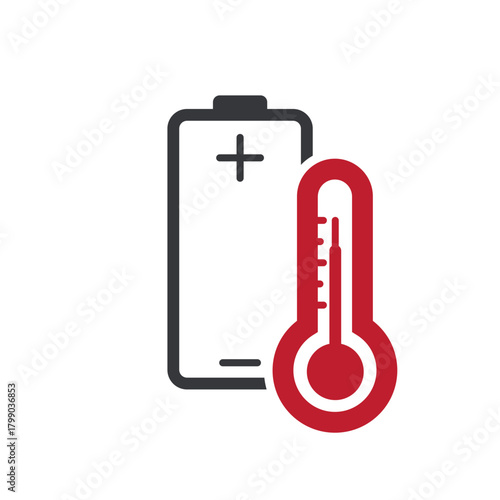 Isolated pictogram of a battery with a thermometer, warning of overheating risk, battery heat hazard, and safety caution in devices.