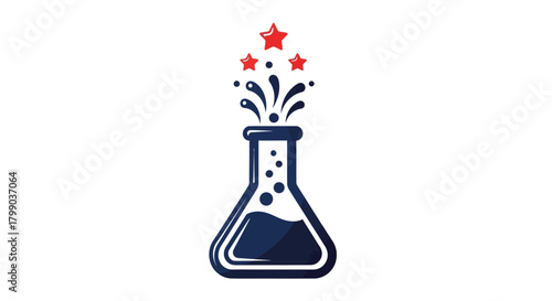 A blue conical flask with dark liquid erupting into splashes and red stars, symbolizing discovery or a successful experiment.