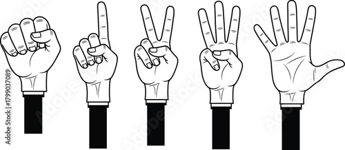 Hand gesture illustration showing numbers one to five, black and white line drawing of counting hands, educational sign language reference