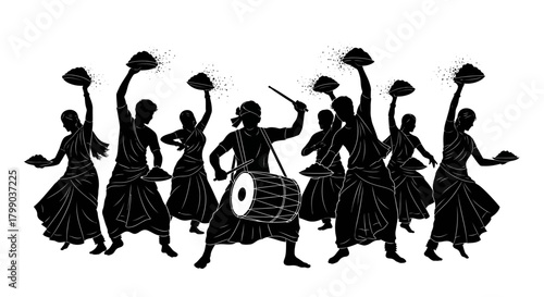 Silhouettes of people dancing and playing a drum, depicting a vibrant cultural performance and celebration.