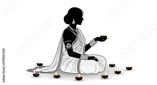 Silhouette of an Indian woman in traditional attire holding a lit diya, surrounded by oil lamps, symbolizing a festival or spiritual moment.