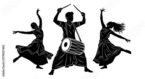 Silhouettes of Indian folk dancers and a drummer performing traditional music and dance.