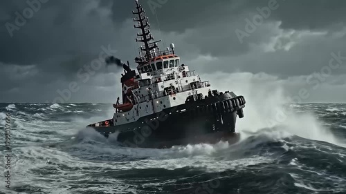 Powerful tugboat navigates rough seas under dramatic stormy sky