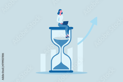 Woman working on laptop on top of hourglass with upward trending graph symbolizing time management and business growth