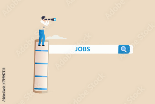 Man with telescope on stack of books searches for jobs online via search bar concept