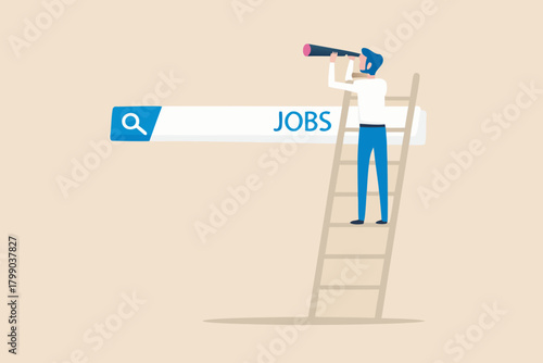 Man with telescope on ladder searching for jobs online through search bar