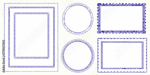 Collection of five hand drawn blue ink frames in various shapes and decorative styles on a white background
