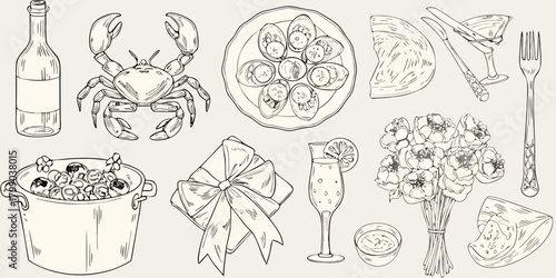 Elegant hand drawn sketch of a seafood feast with champagne and flowers
