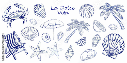 La dolce vita summer beach elements collection with crab palm trees shells and beach chair