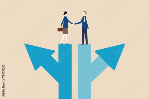 Business partners shaking hands on diverging arrows representing different career paths and future opportunities