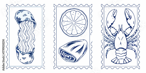 Three vintage style stamp designs featuring seafood and citrus fruit illustrations