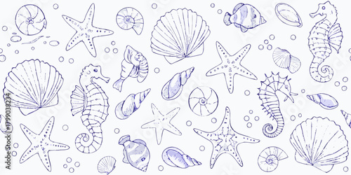 Seamless pattern of hand drawn marine life including seahorses starfish seashells and bubbles in blue ink