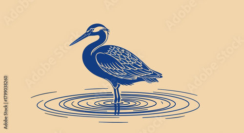 An elegant blue wading bird stands gracefully in shallow water, creating ripples on a calm beige background, depicted in a classic linocut illustration style.