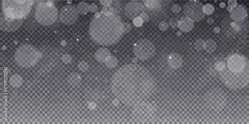 Soft focus bokeh lights and dust particles overlay on a transparent checkered background