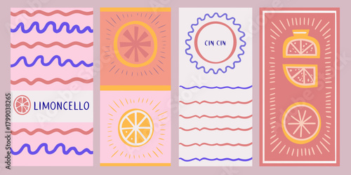 Set of four colorful abstract illustrations featuring lemons and limoncello with wavy lines and sunbursts