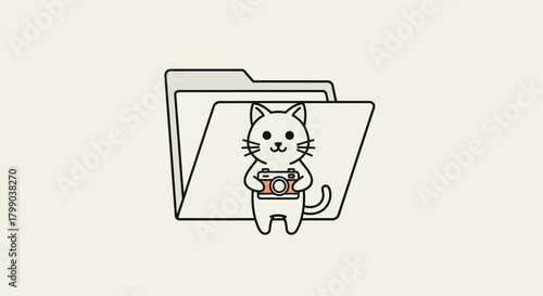 Cute cartoon cat holding a camera in front of an open file folder icon, symbolizing photo organization and digital media storage.