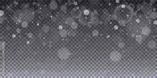 Abstract background with soft focus bokeh circles and twinkling light particles on a transparent grid