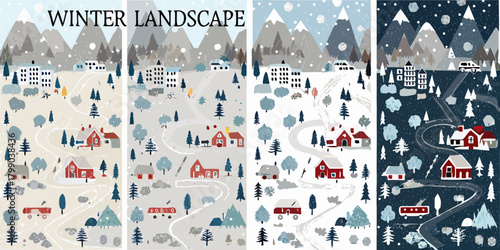 Charming winter village landscapes with snow covered mountains and winding roads