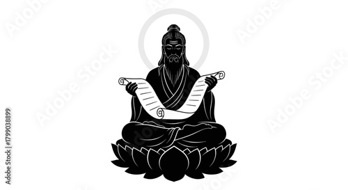 Stylized black silhouette of a seated figure, possibly a sage or deity, holding an open scroll on a lotus flower with a halo.