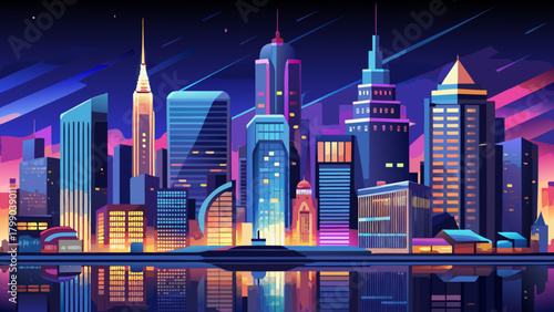 Very beautiful panoramic night view of Manhattan, New York, USA, showcasing illuminated skyscrapers, glowing streets, and the iconic city skyline reflecting the vibrant energy of the metropolis.