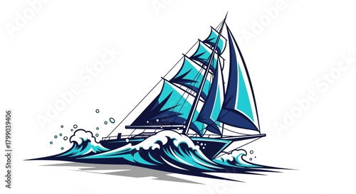 A stylized blue sailing ship with full sails battling through rough, foamy ocean waves, depicted in an illustrative style.