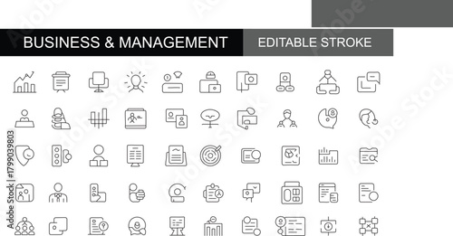 Business and Management Line Icons Set. Editable Stroke. Contains icons such as Handshake, Presentation, Teamwork, Leadership, Strategy, Data Analysis, Corporate Structure, and Human Resources.