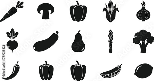Collection of hand drawn black silhouette vegetables on a white background