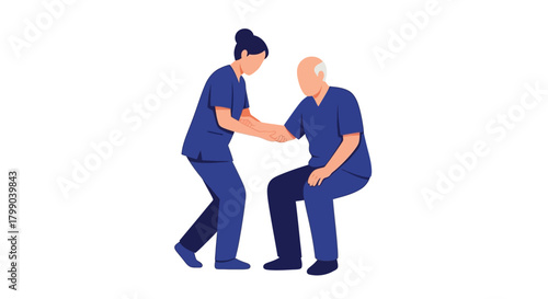 A female caregiver in blue scrubs assists an elderly man to stand up or sit down.