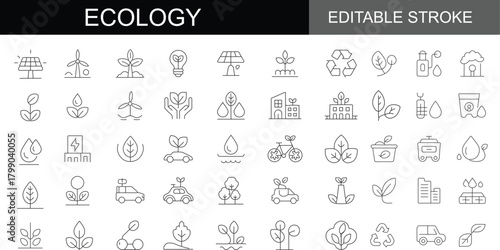 Ecology Line Icons Set. Editable Stroke. Contains icons such as Solar Panel, Wind Turbine, Recycling, Green Energy, Sustainable City, Electric Car, and Environmental Conservation.