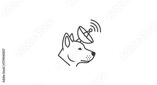 Line art illustration of a dog's head with a satellite dish on top, symbolizing communication or advanced senses.