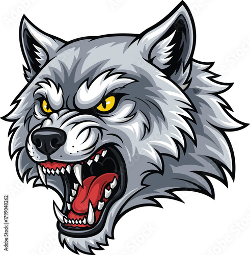 Angry wolf head mascot snarling, a fierce vector illustration with sharp fangs, growling aggressively, isolated graphic for sports team logo.