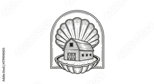 Black and white illustration of a rustic barn nestled inside a large, open seashell, framed by an arch.