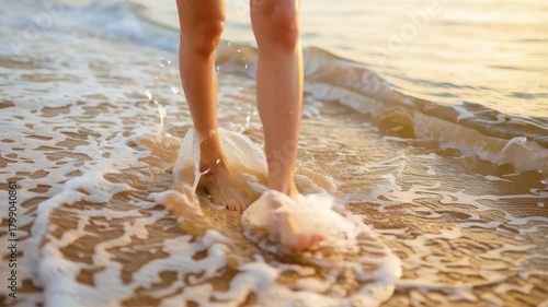 Sun-kissed Soles: Close-up of bare feet gracefully standing in the gentle embrace of foamy waves on a sunny beach, offering a sense of pure relaxation and connection with nature. 