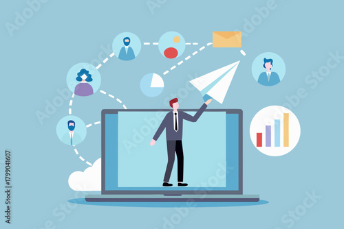 Businessman launching paper airplane from laptop screen connecting to network of people and data