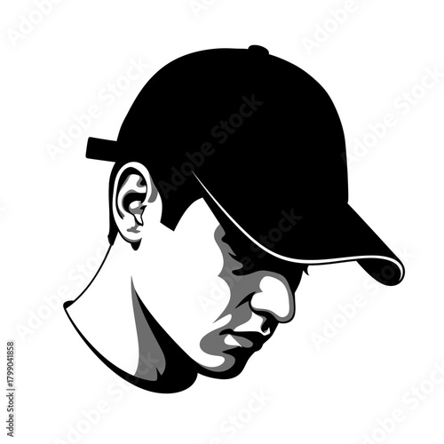 A graphic illustration of a man wearing a baseball cap, looking down with a shadowed face, in a black and white style.