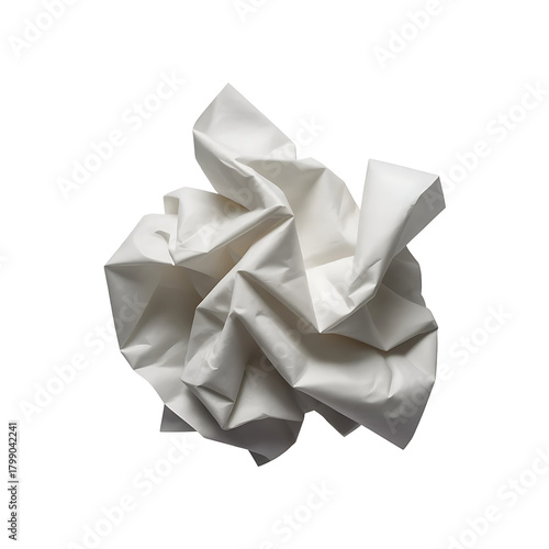 A crumpled white piece of paper with many folds and creases isolated on transparent background
