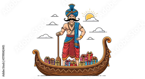 A traditional Indian man with a mustache and turban, wearing a dhoti, standing in a boat filled with gifts, holding an oar, with clouds and sun in the background.