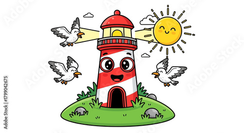 Cute cartoon lighthouse with a happy face, red and white stripes, on a grassy island with flying seagulls and a smiling sun.