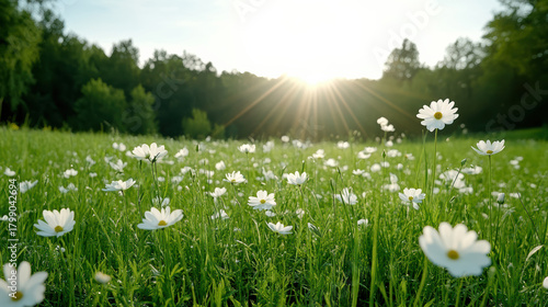 Fototapeta Naklejka Na Ścianę i Meble -  White meadow flower field with sun sparkle at sunrise peaceful natural scene