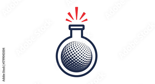 A stylized logo depicting a golf ball inside a laboratory flask with red burst lines, symbolizing innovation in sports science.