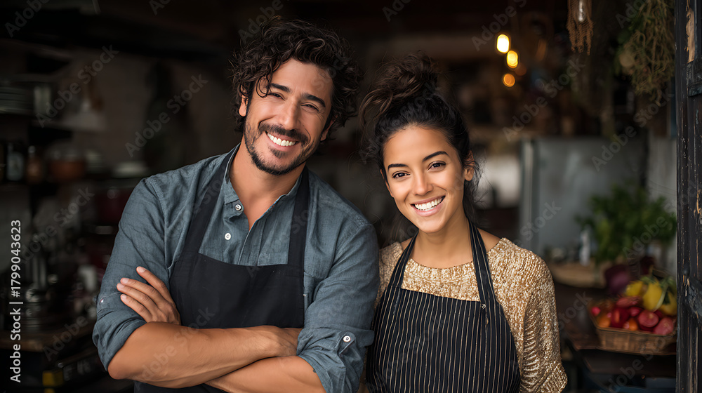 Fototapeta premium young latino chef couple smiling in their restaurant kitchen demonstrating partnership hard work culinary passion business success teamwork dedication and a proud hospitality lifestyle