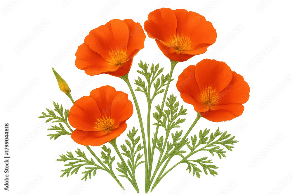 Fototapeta premium California poppies displaying bright orange petals and fern-like leaves, bringing a striking natural element