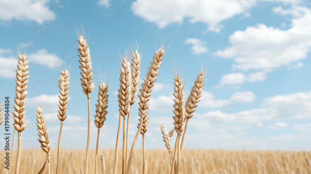 Fototapeta premium Wheat head golden wheat cereal crop wheat field blue sky cloud stalk ear harvest agriculture